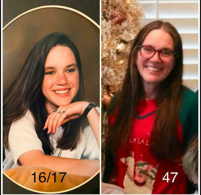 Side-by-side wholesome photos of a woman at 16/17 smiling and at 47 with long hair and glasses, holiday sweater
