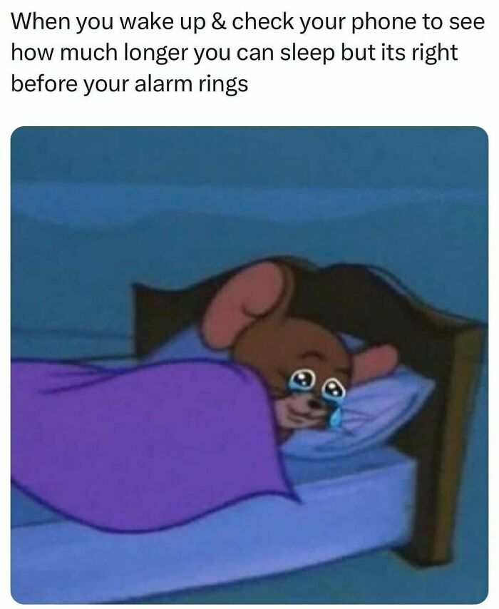 Cartoon mouse lying in bed crying, illustrating humor as a coping mechanism in a relatable, funny meme post.