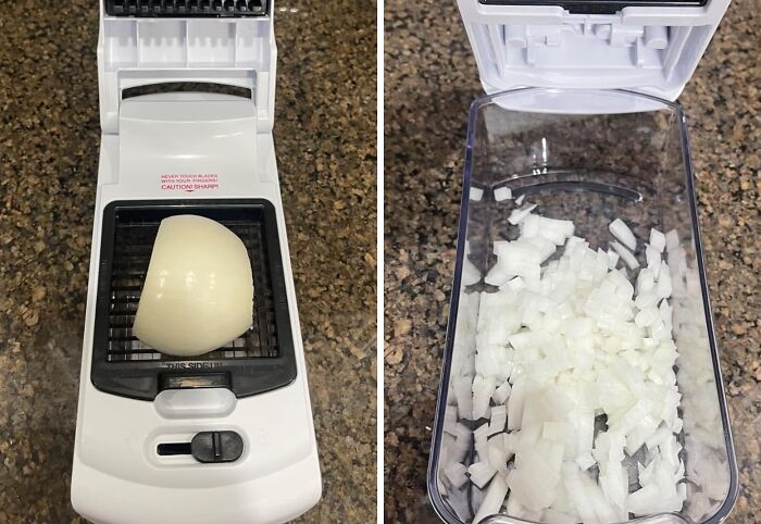 Onion being chopped with a vegetable slicer on a kitchen counter to improve cooking skills.