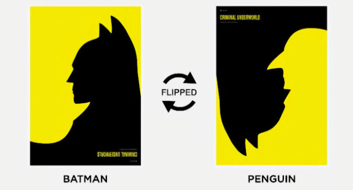 Creative designer poster showing Batman silhouette flipping to reveal Penguin face, showcasing smart and cool design innovation.