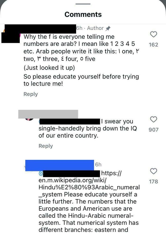 Online comments roasting confidently incorrect individuals debating Arabic numbers and educating each other in a lively discussion.
