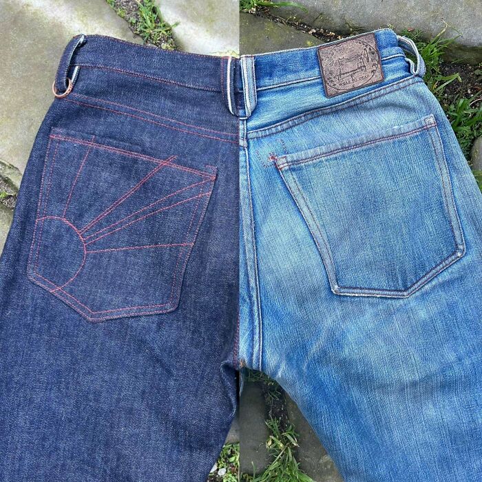 DIY project shows before and after of denim jeans transformation, highlighting texture and color changes.