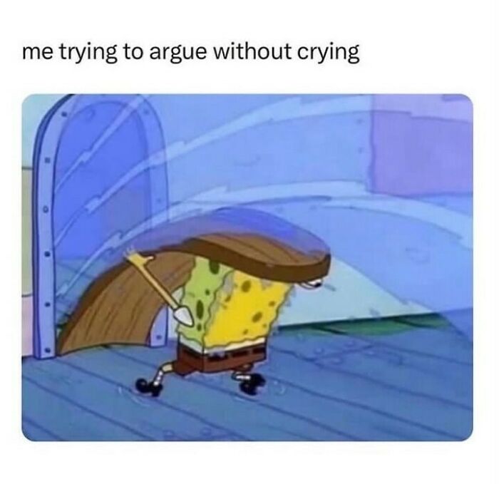 SpongeBob struggling to argue without crying, illustrating humor as a coping mechanism in a cartoon setting.