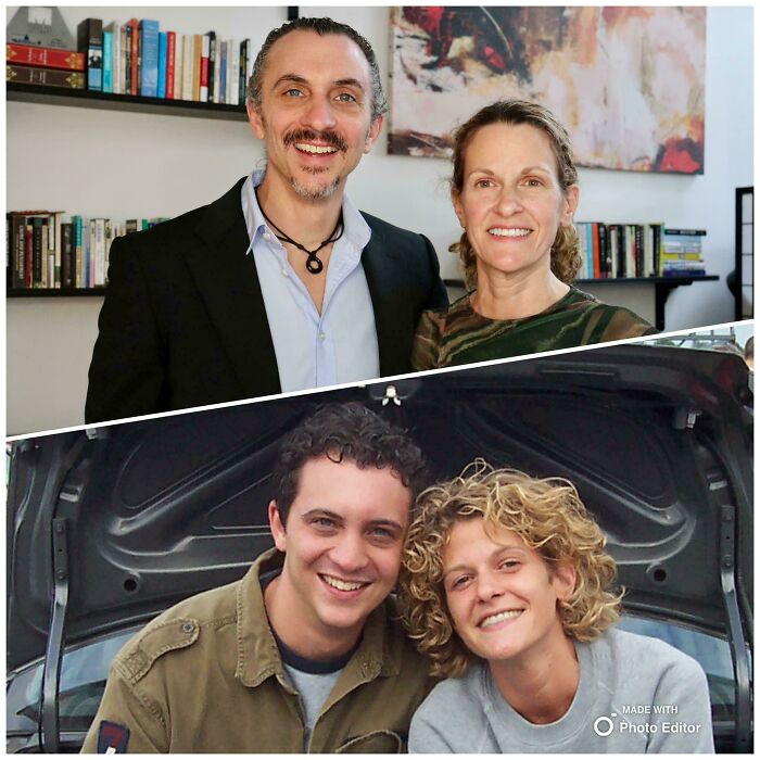 Wholesome photos of a couple then and now, younger smiling by a car trunk and older posing together at home