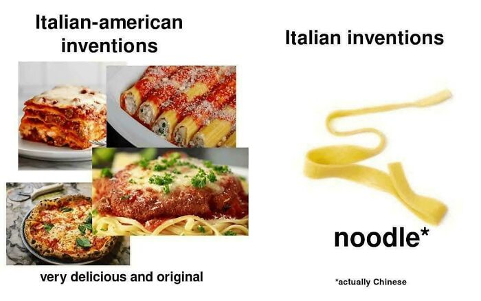 Photos comparing Italian-american food inventions like lasagna and pizza with Italian inventions, highlighting noodle origins in a humorous way.