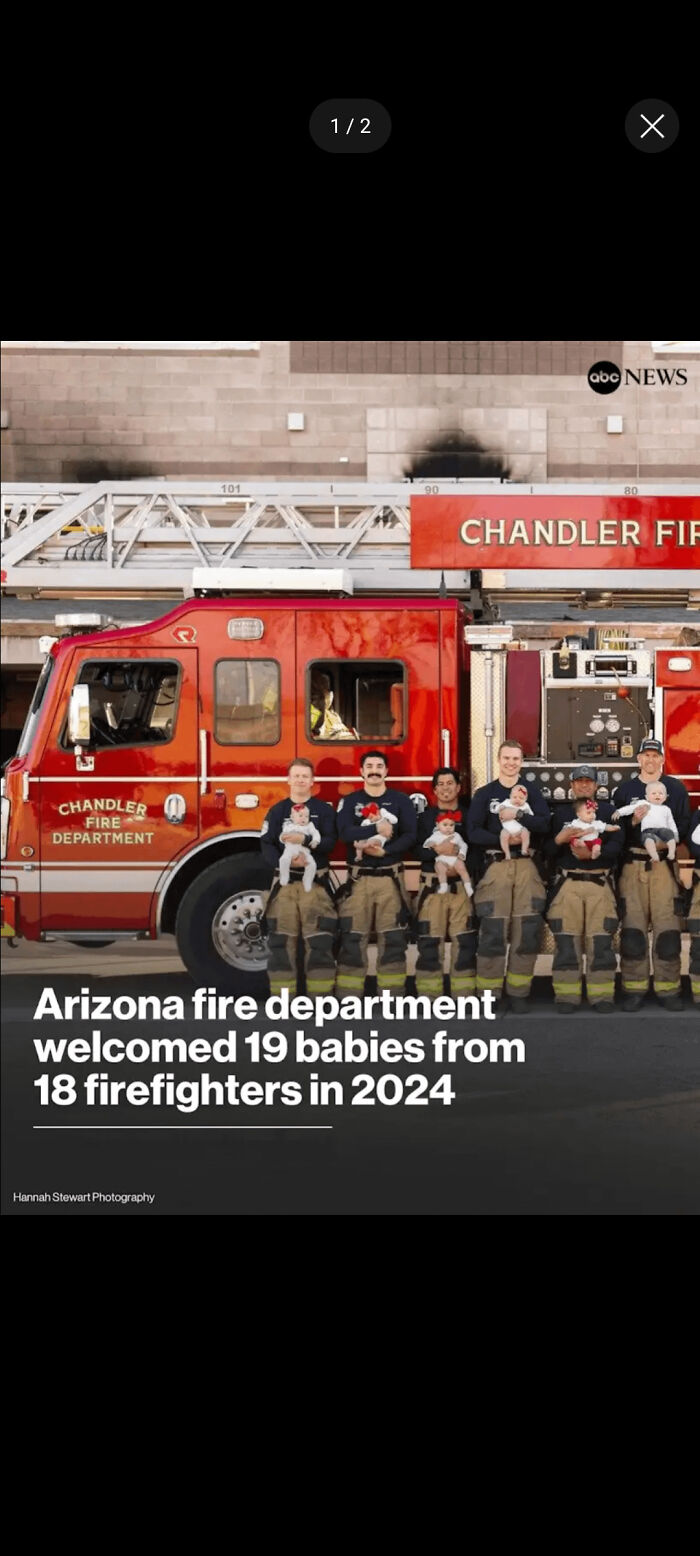 Firefighters from Arizona fire department holding babies in front of a fire truck showcasing wild coincidences captured in photos.