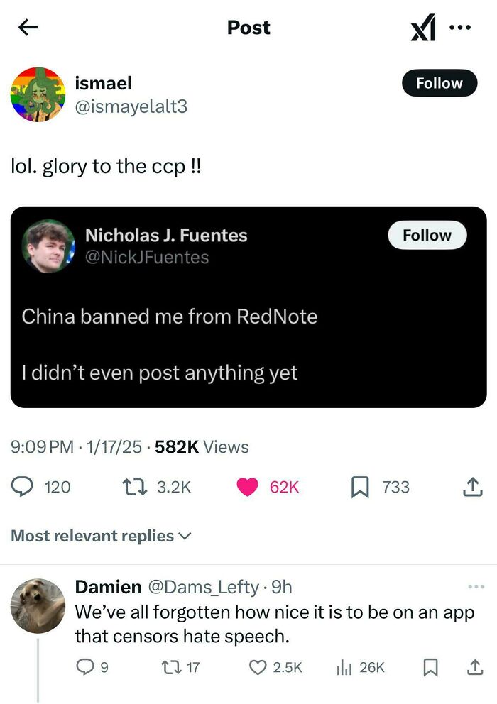 Online post criticizing censorship and sexism with comments about being banned from an app and its implications.