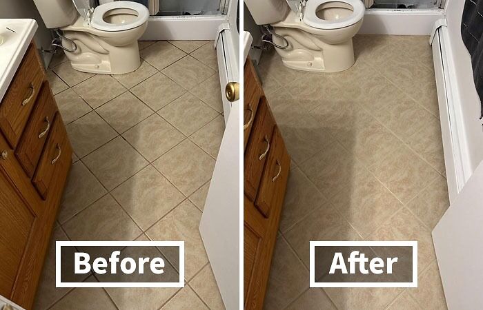 Bathroom floor improvement showing before and after views of low-lift, high-impact upgrades near toilet and vanity.