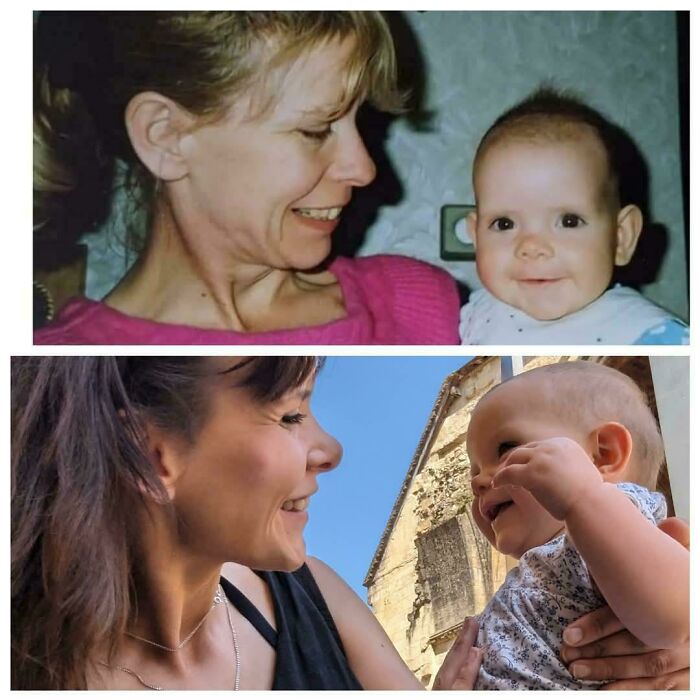 Wholesome photos: side-by-side images of a woman and baby then and now sharing warm smiles.