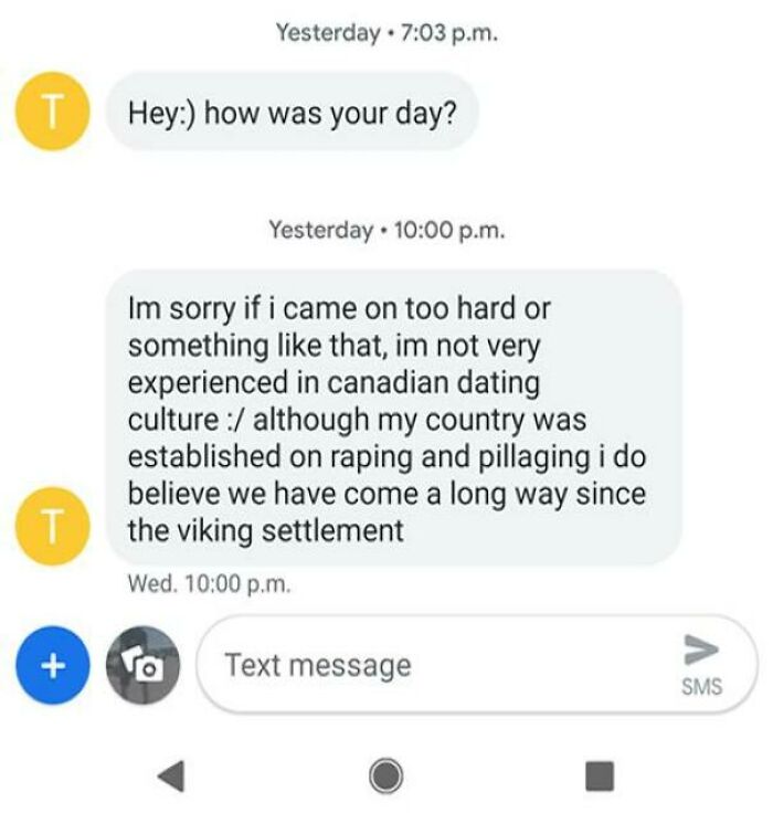 Unhinged dating app message about Canadian culture and Viking history.