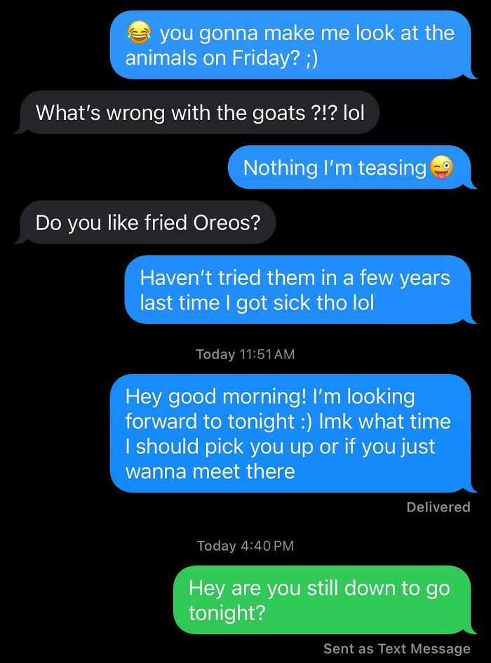 Chaotic dating app messages discussing goats and fried Oreos, with plans for a meetup.