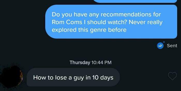"Chaotic dating app message about romantic comedy movie recommendation."