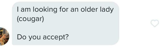 Message from a dating app seeking an older lady, described as chaotic.