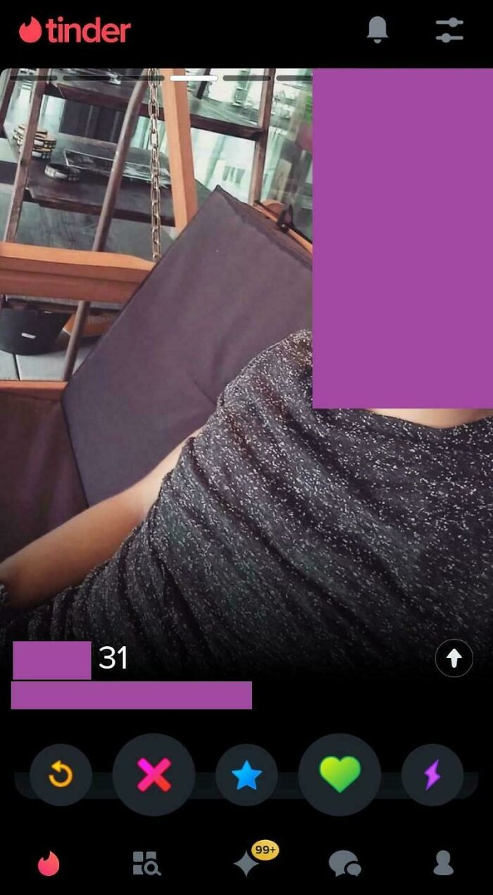 Tinder profile showing a blurred person with chaos-themed chat icons visible.