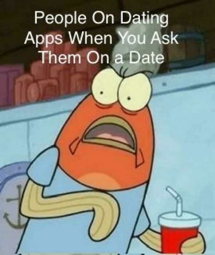 Cartoon fish with shocked expression holding a drink, illustrating chaos in dating app messages.