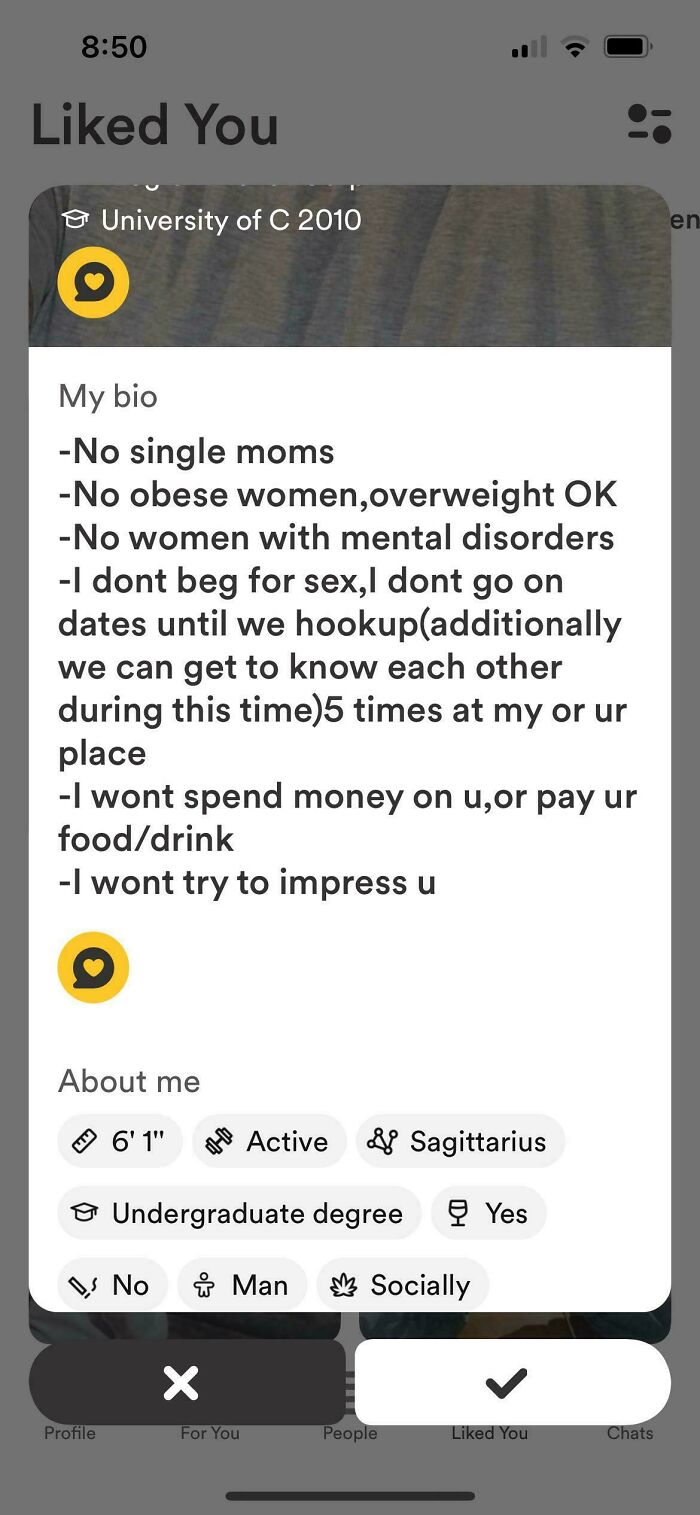 Profile on dating app with chaotic bio listing preferences and personal details.