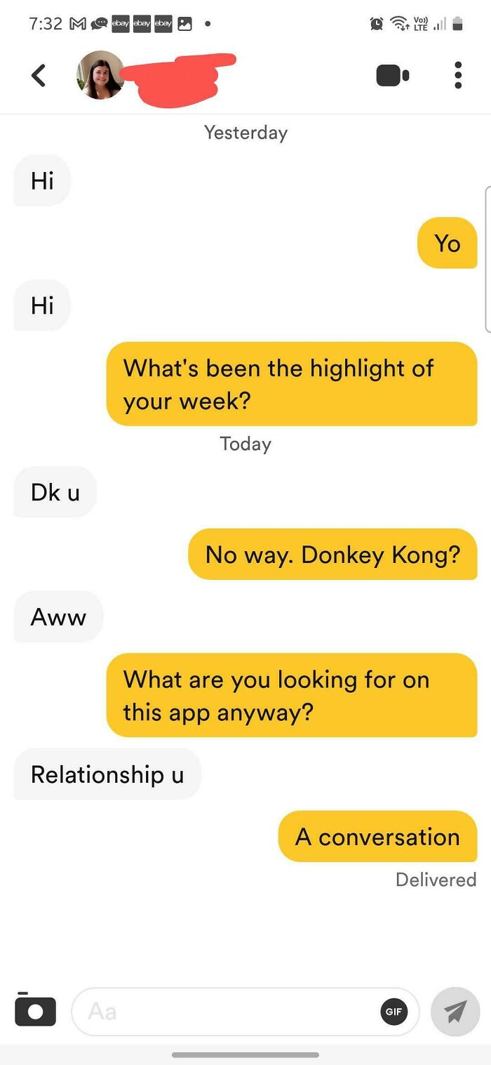Chaotic dating app messages discussing relationships and Donkey Kong.