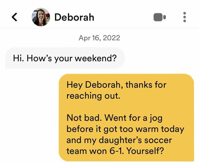 Chat between two people on a dating app about weekend plans, showcasing unhinged messages from dating apps.