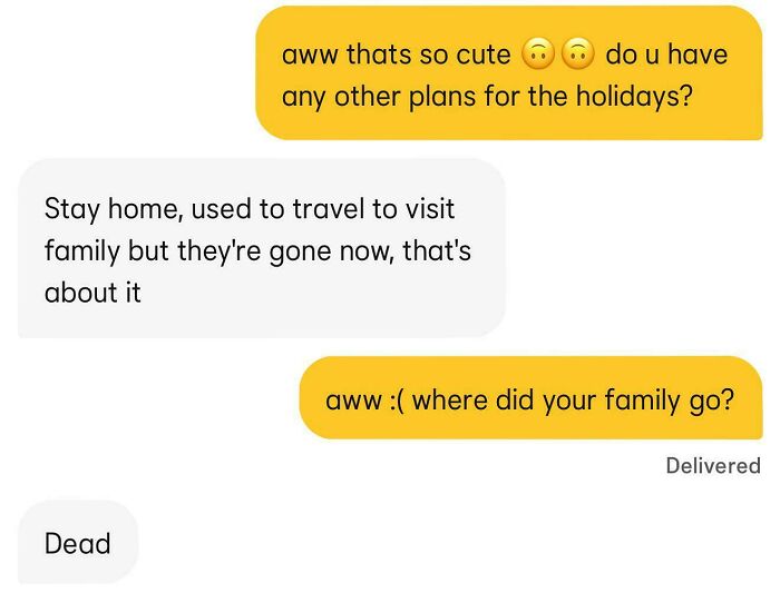 Chaotic dating app exchange with holiday plans and unexpected response about family being gone.