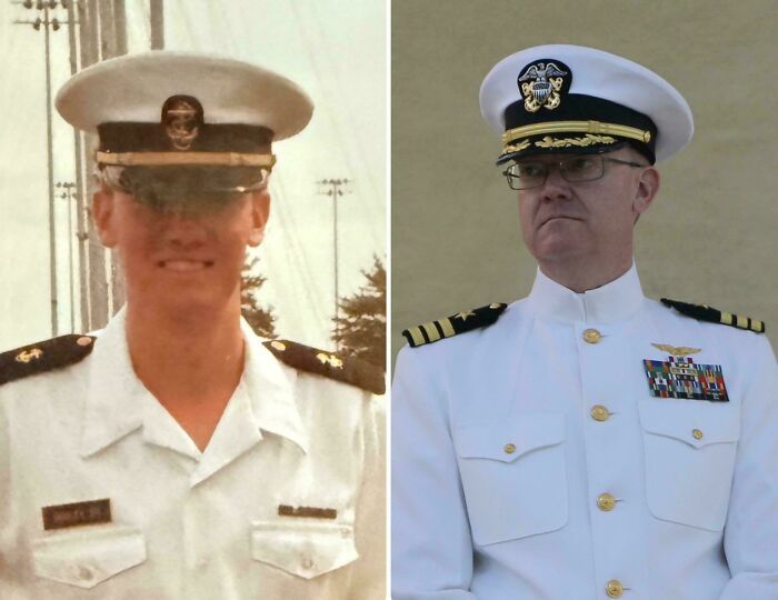 Wholesome photos: side-by-side of a man in naval uniform as young sailor and older decorated officer