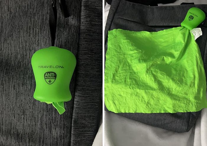 Travel gear featuring a green antimicrobial travel pouch, ready for a year of travel adventures.