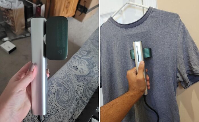 Hands using a portable garment steamer; one on a bedspread, the other on a t-shirt, showcasing travel prep essentials.
