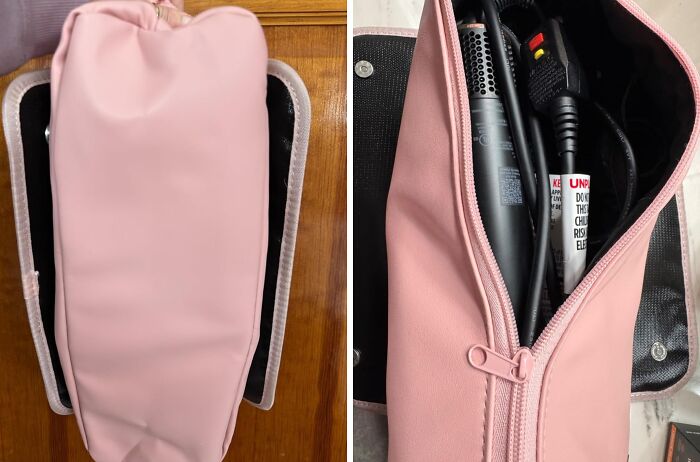 Pink travel bag with zippered pocket, containing a hairdryer and other travel essentials.