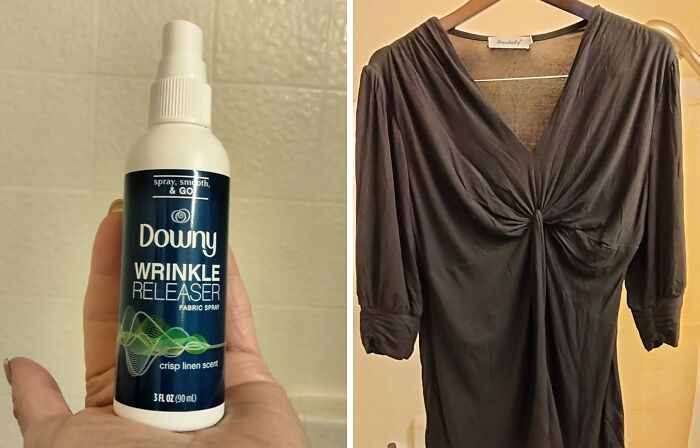 Wrinkle releaser spray next to a wrinkle-free dress, ideal for travel convenience.