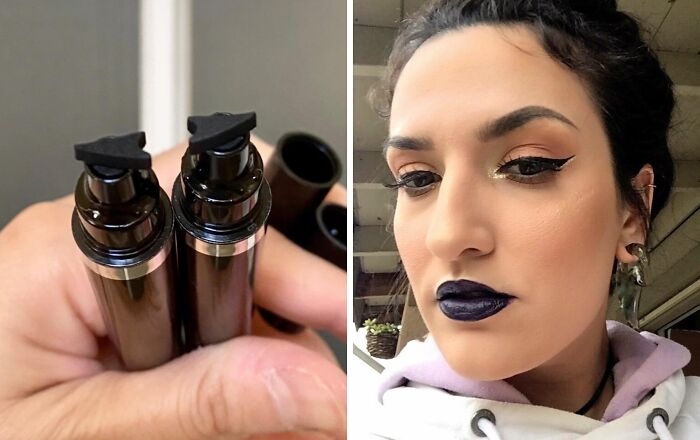 Close-up of innovative eyeliner pens beside a person showcasing bold makeup, illustrating daily life hacks.