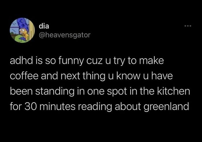 Screenshot of a funny post about ADHD humor, illustrating coping mechanism through humor with a relatable everyday scenario.