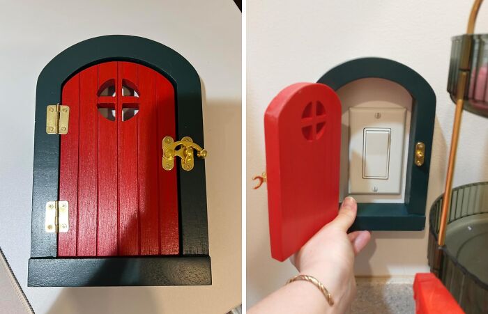 Decorative small red door creatively hides a light switch, offering a simple way to banish eyesores from your home.