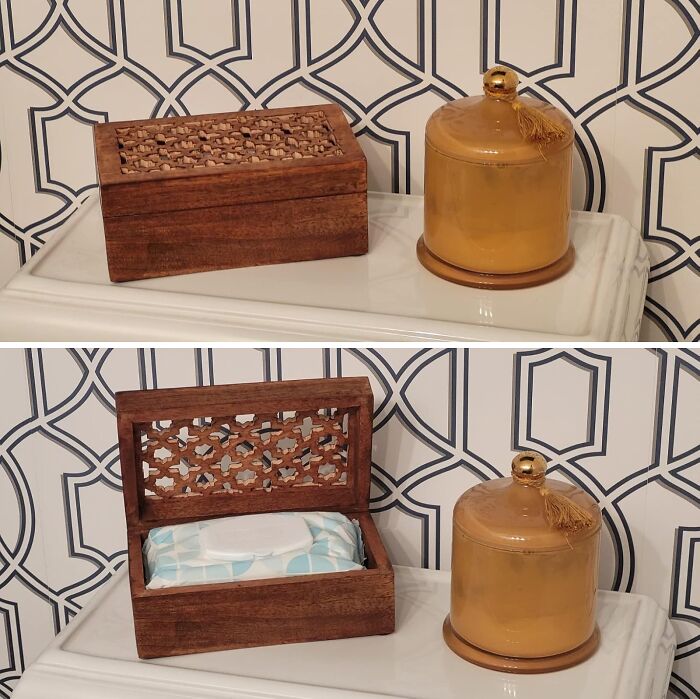 Decorative boxes on a shelf, one wooden with a hinged lid, used for organizing and banishing eyesores from home.