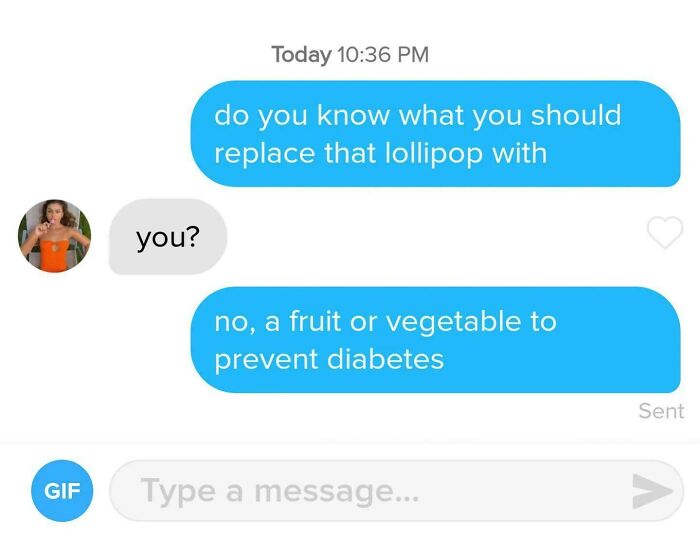 Unhinged dating app message about replacing a lollipop for health advice.