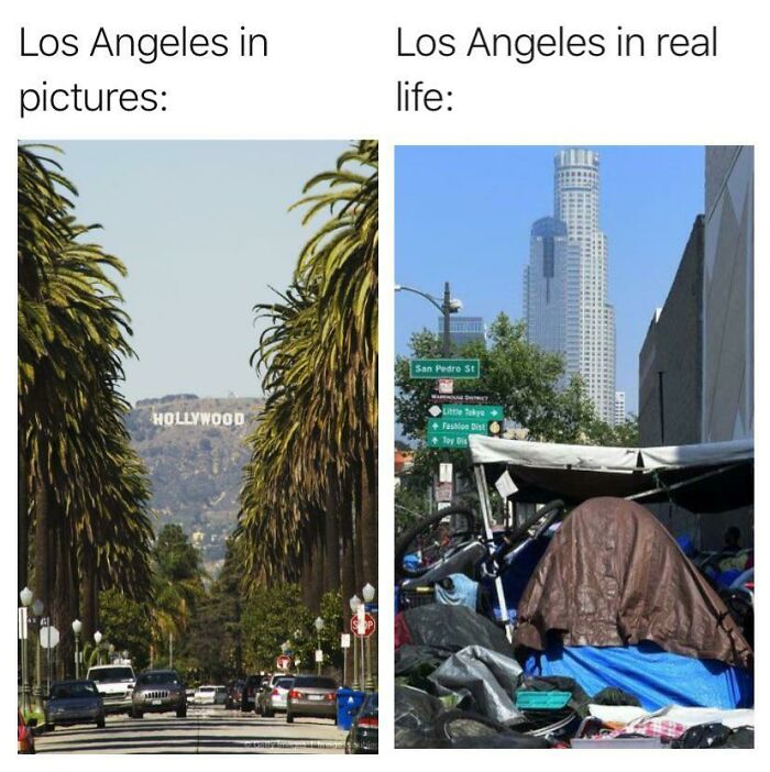 Split image of Los Angeles, showing Hollywood sign and urban tents, illustrating United States memes.