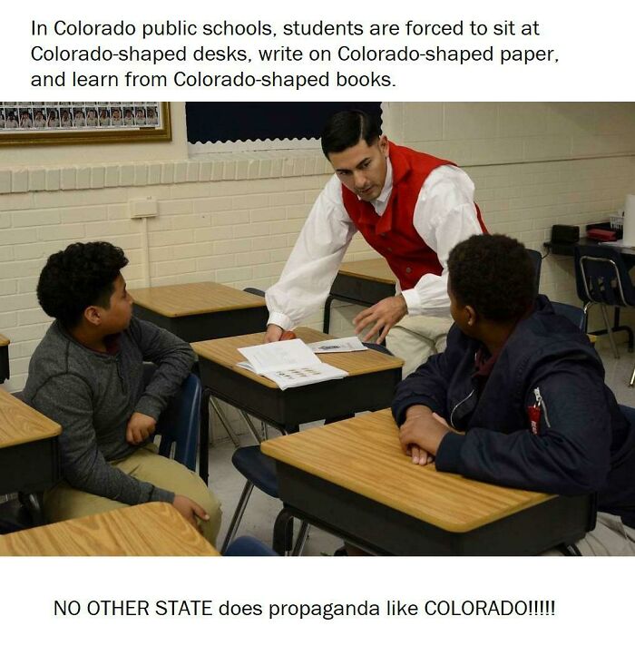Teacher discussing at Colorado-shaped desks with students, highlighting humorous take on the United States of Memes.