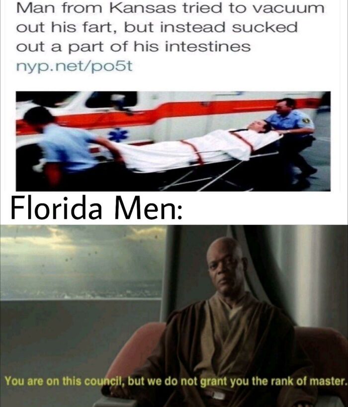 Meme depicting a Kansas incident and a Star Wars scene humorously titled "Florida Men" representing United States humor.