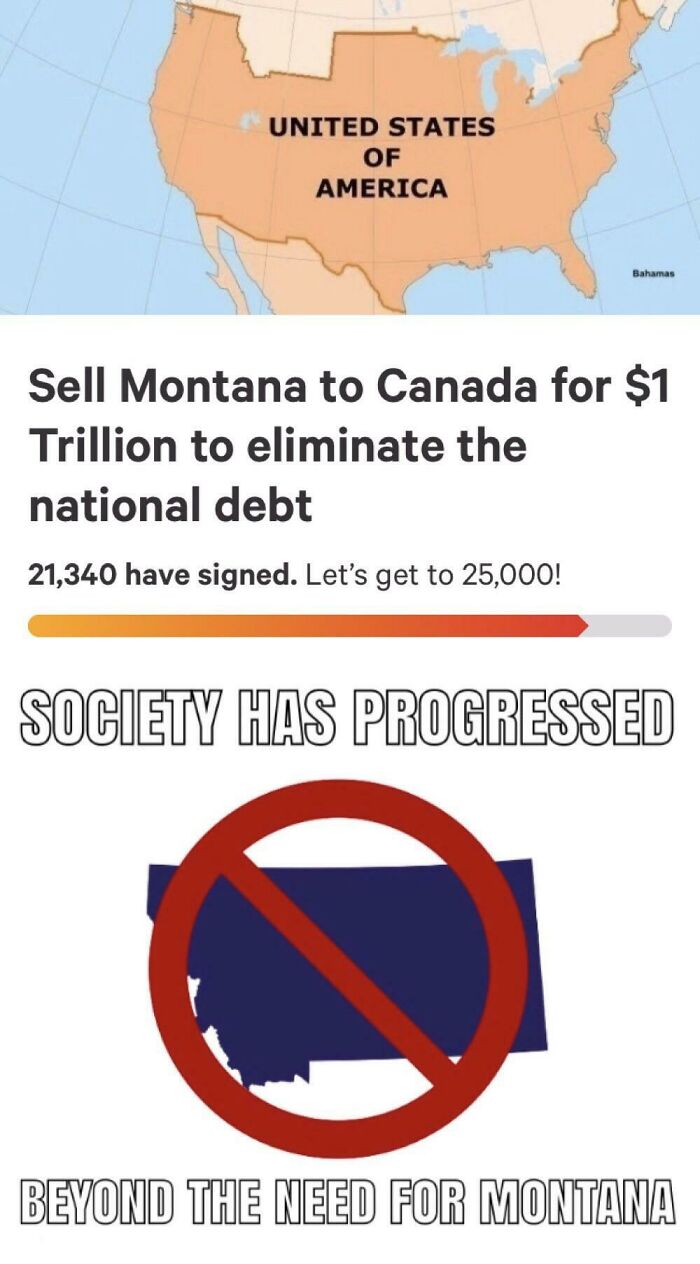 Map and humorous text about selling Montana, part of United States memes.