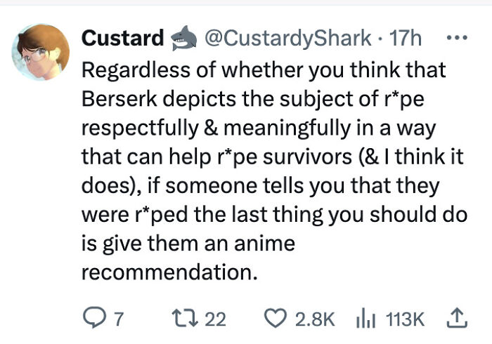 Tweet discussing a unique and sensitive anime recommendation, showcasing sentences only certain people could have come up with.