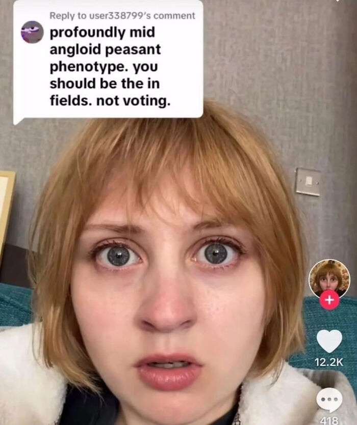 Young woman reacting with surprise to a bizarre comment in a viral post featuring unique sentences only they could have come up with.