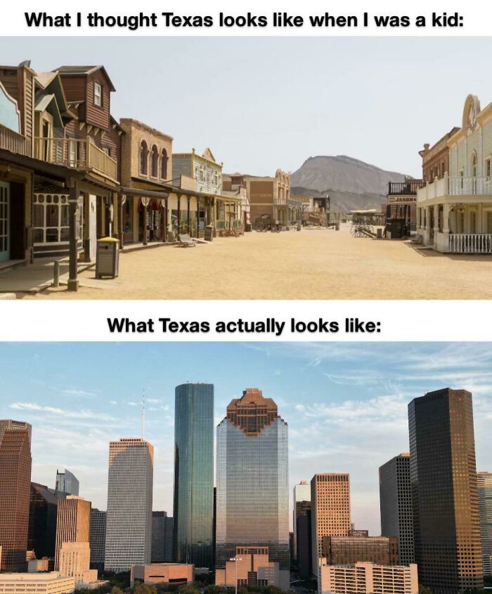 Comparison meme showing a Texas wild west town versus a modern city skyline.