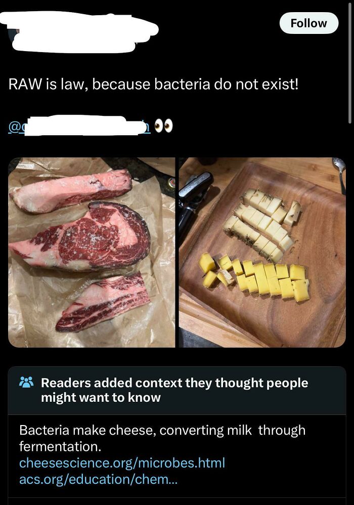 Screenshot of a social media post roasting a confidently incorrect claim about bacteria and raw meat with added educational context.