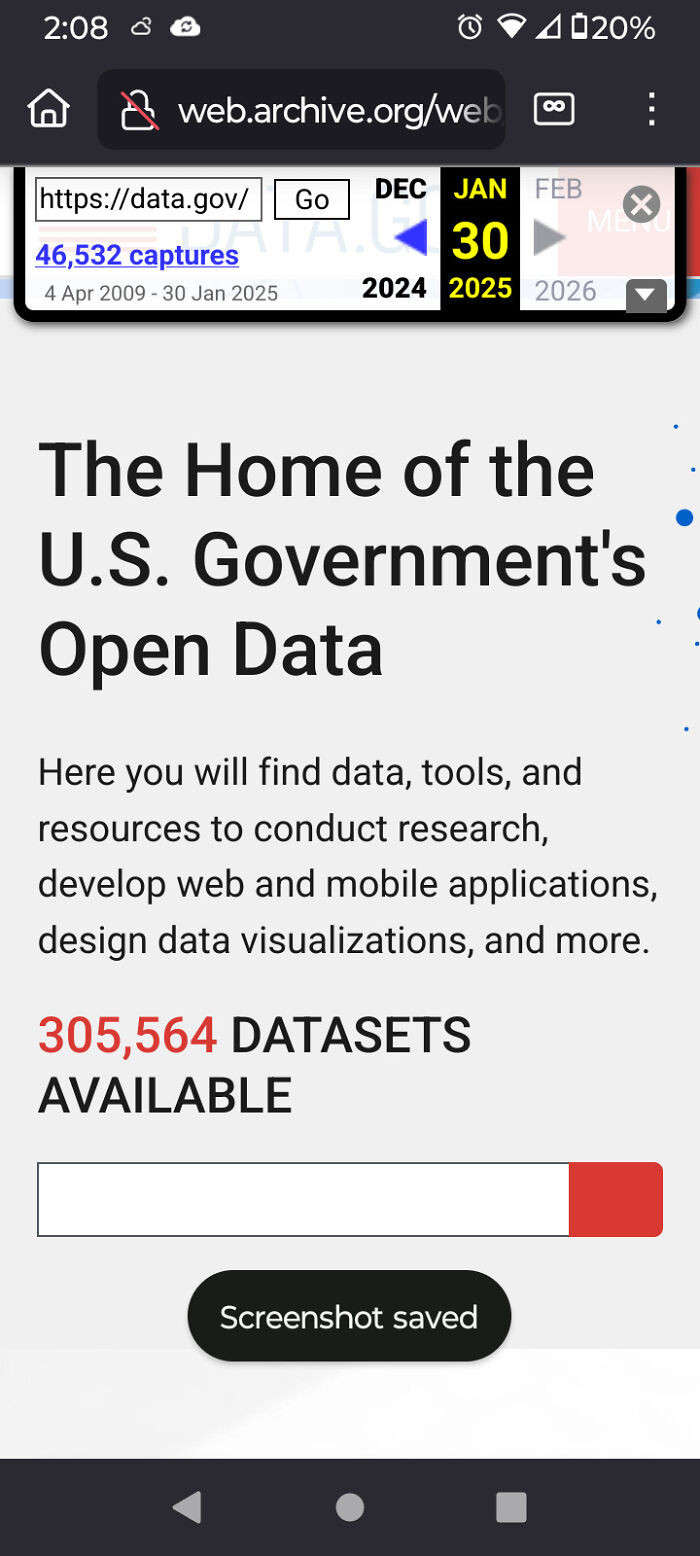 Mobile screenshot of the U.S. Government's open data portal showing available datasets, reflecting modern life and boring dystopia.