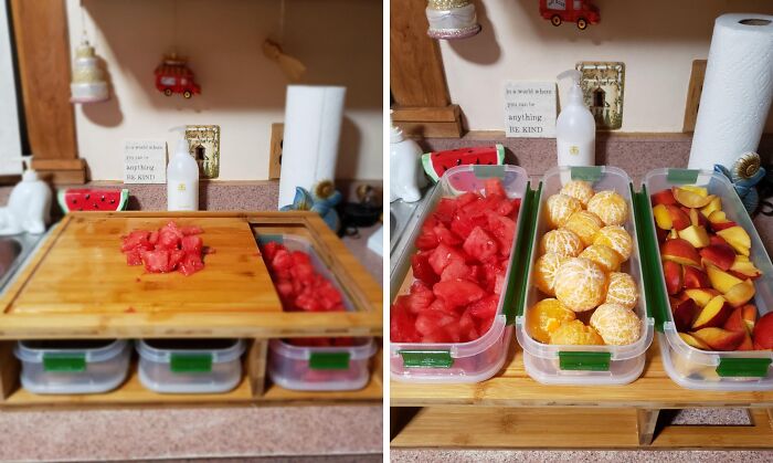 Fresh fruit organized in kitchen containers; a daily life saver for accessible snacks and easy meal prep.