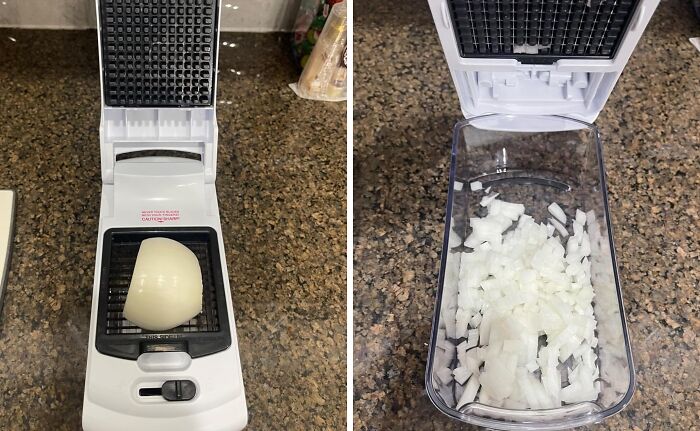 Onion slicer chopping onions efficiently on a kitchen counter, offering an everyday life hack.