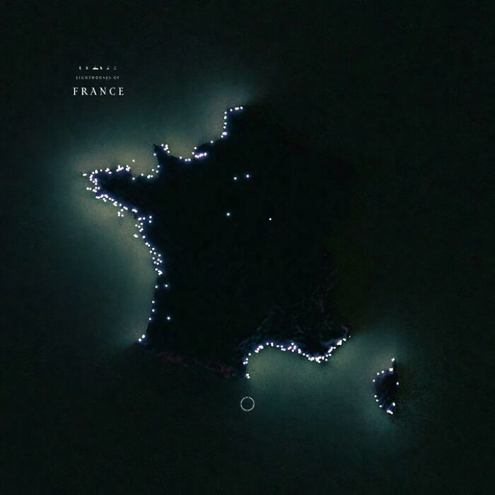 Map of France illuminated by lighthouses, showcasing an unusual perspective from geography textbooks.