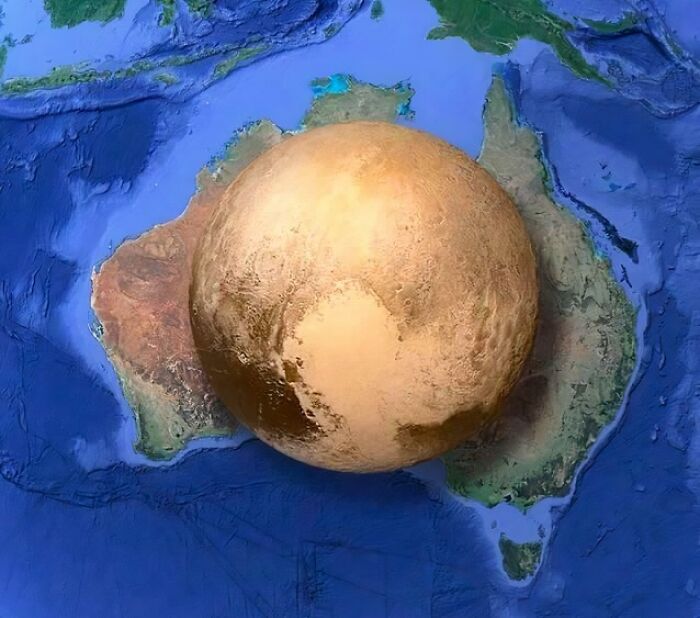 Map comparing Pluto and Australia in size; a unique geography perspective.