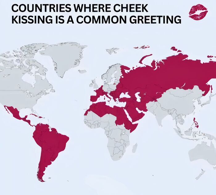 Map showing countries where cheek kissing is a common greeting, highlighting areas not typically in geography textbooks.