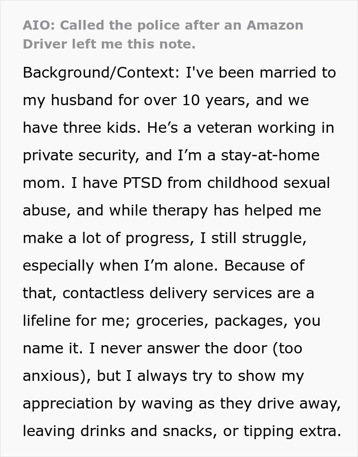 Text note from an Amazon driver prompting a response involving contact with police due to its content. Text note from an Amazon driver prompting a response involving contact with police due to its content.