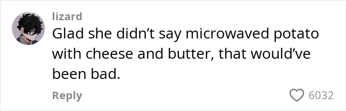 Comment about microwaved potato, with user profile picture and a like count. Comment about microwaved potato, with user profile picture and a like count.