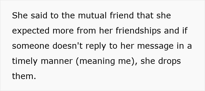 Text discussing expectations in friend relationships and timely replies. Text discussing expectations in friend relationships and timely replies.